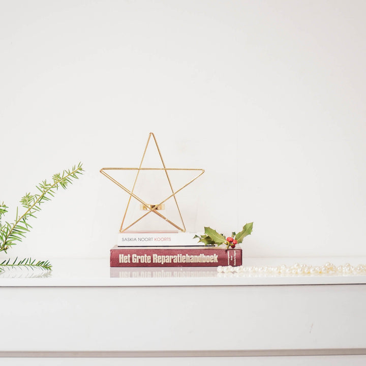 Theelichthouder - Ster - Metaal - Goud - 22x7x21cm