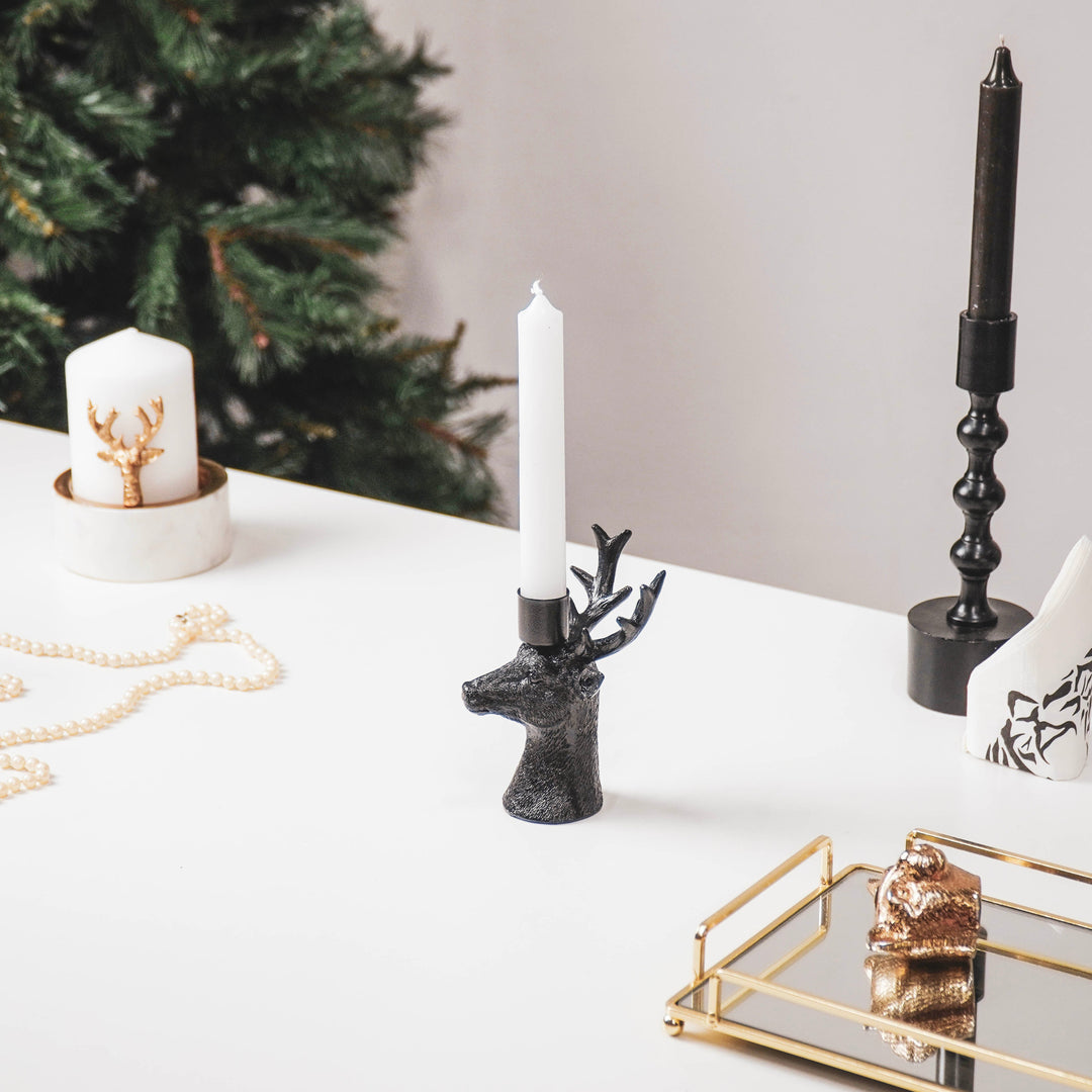 Kaarsenhouder - Hert - Polyresin - Zwart - 8.5x8x12.5cm