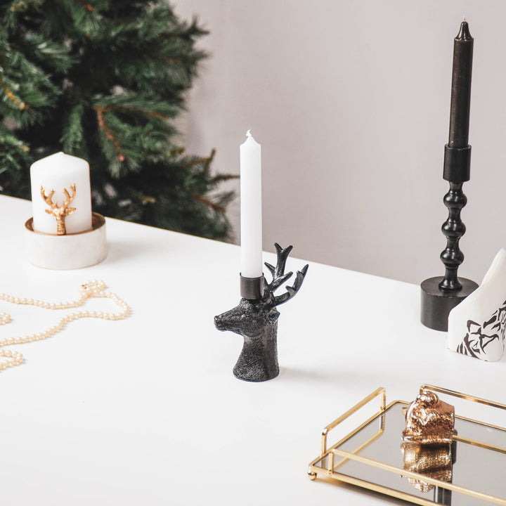 Kaarsenhouder - Hert - Polyresin - Zwart - 8.5x8x12.5cm