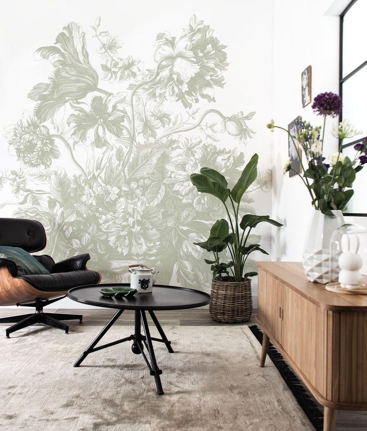 Engraved Flowers | Bloemen behang door Frans Uyterlinde | Groen F-045