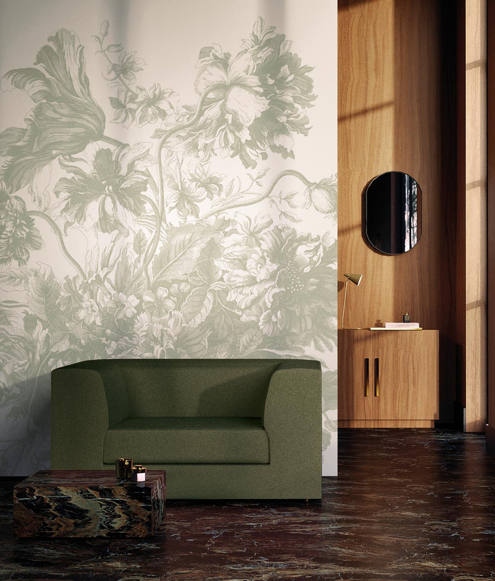 Engraved Flowers | Bloemen behang door Frans Uyterlinde | Groen F-045