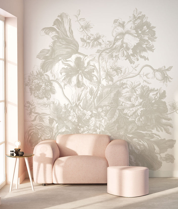 Engraved Flowers | Bloemen behang door Frans Uyterlinde | Grijs F-048