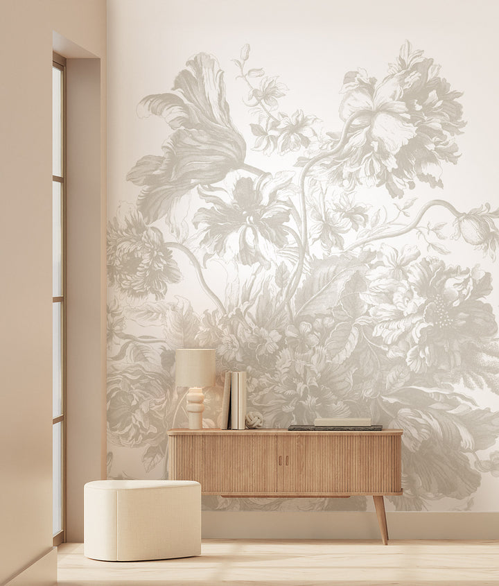 Engraved Flowers | Bloemen behang door Frans Uyterlinde | Grijs F-048