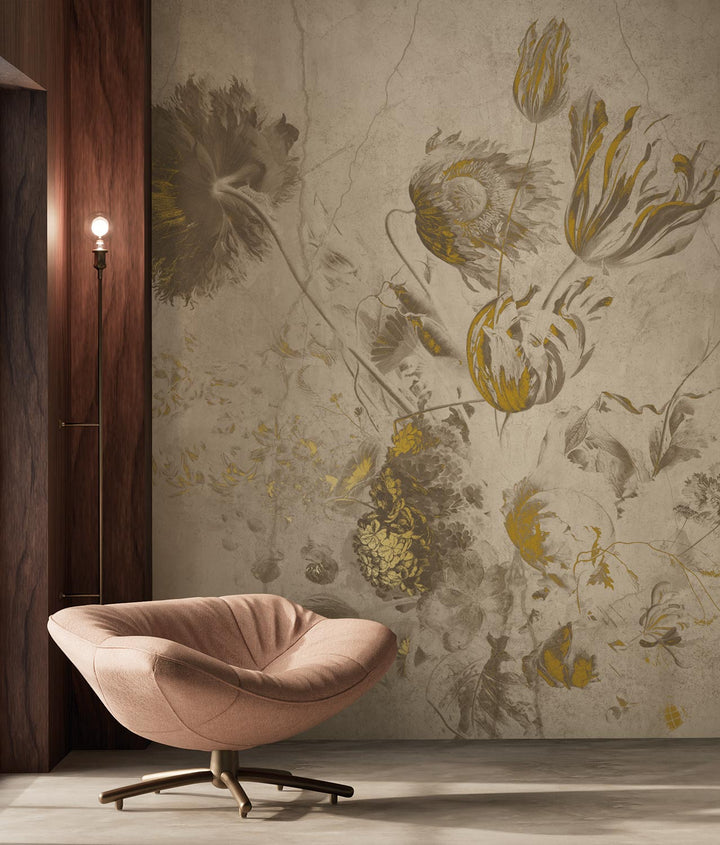 Fresco Flowers | Bloemen behang Frans Uyterlinde | High Gloss Gold/Beige FU-051