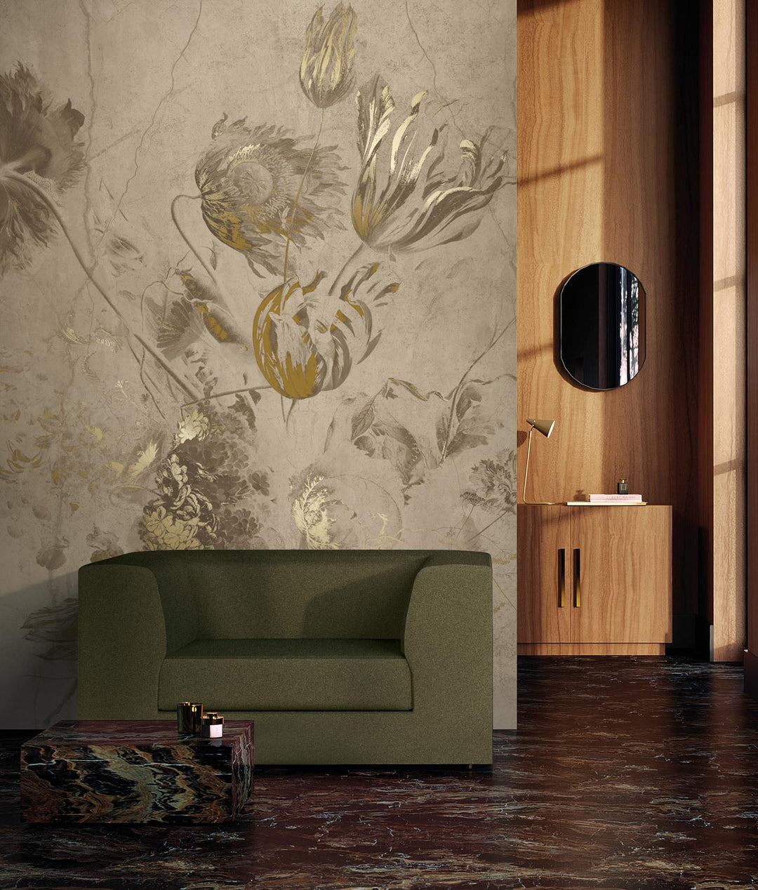 Fresco Flowers | Bloemen behang Frans Uyterlinde | High Gloss Gold/Beige FU-051