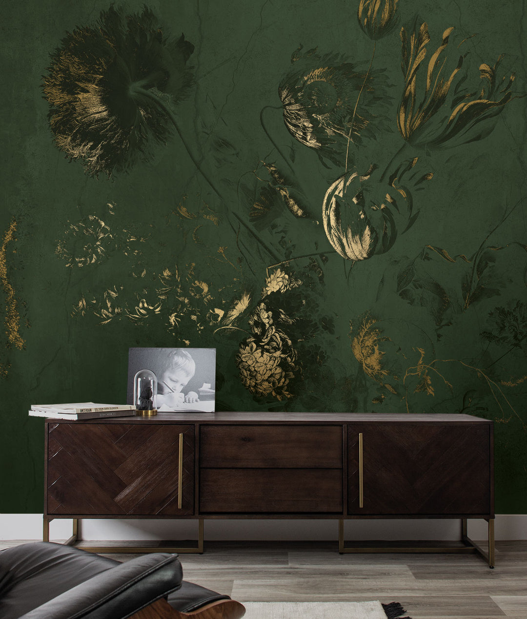 Fresco Flowers | Bloemen behang door Frans Uyterlinde | High Gloss Gold/Groen F-059
