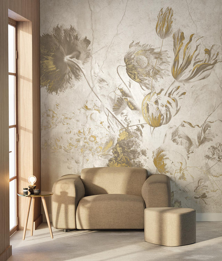 Fresco Flowers | Bloemen behang Frans Uyterlinde | High Gloss Gold/Wit F-061