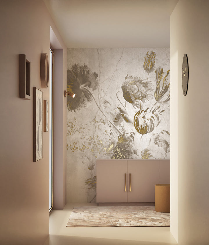 Fresco Flowers | Bloemen behang Frans Uyterlinde | High Gloss Gold/Wit F-061